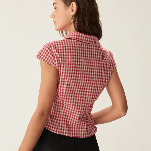 Red Plaid Cap Sleeve Button Blouse - Picture 1 of 6